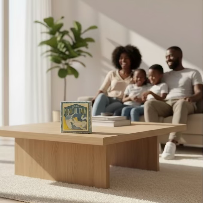 Natalie holding a product labeled 'Mindful Talk' in front of a natural background